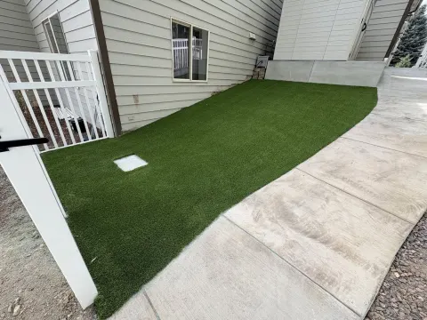 Narrow artificial turf side yard along a concrete edge
