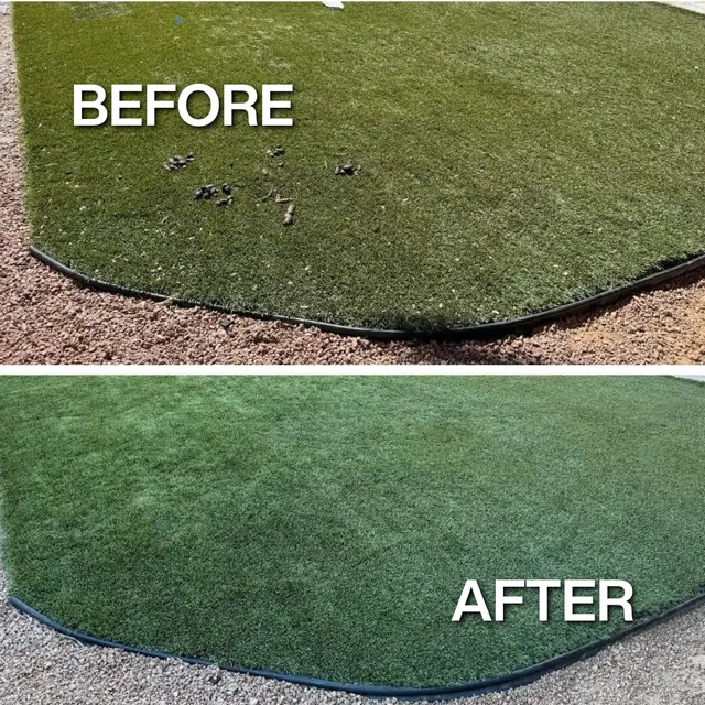 Before and after: artificial turf dog yard with pet waste, then cleaned and brushed