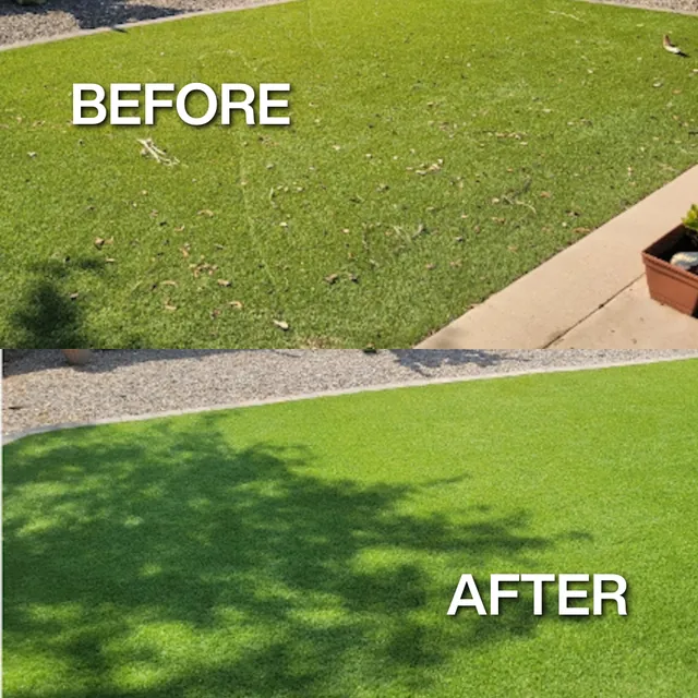 Before and after: artificial front lawn covered in dry leaves, then cleared and blown clean